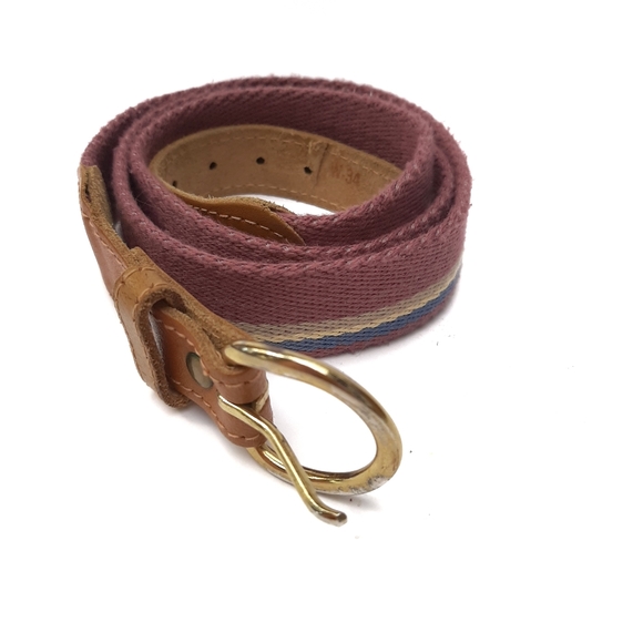 Striped Fabric Belt with Leather 34"+ - Picture 2 of 4